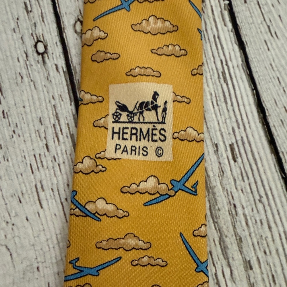 Hermes Yellow Airplane Cloud Printed Silk Tie - Picture 5 of 5